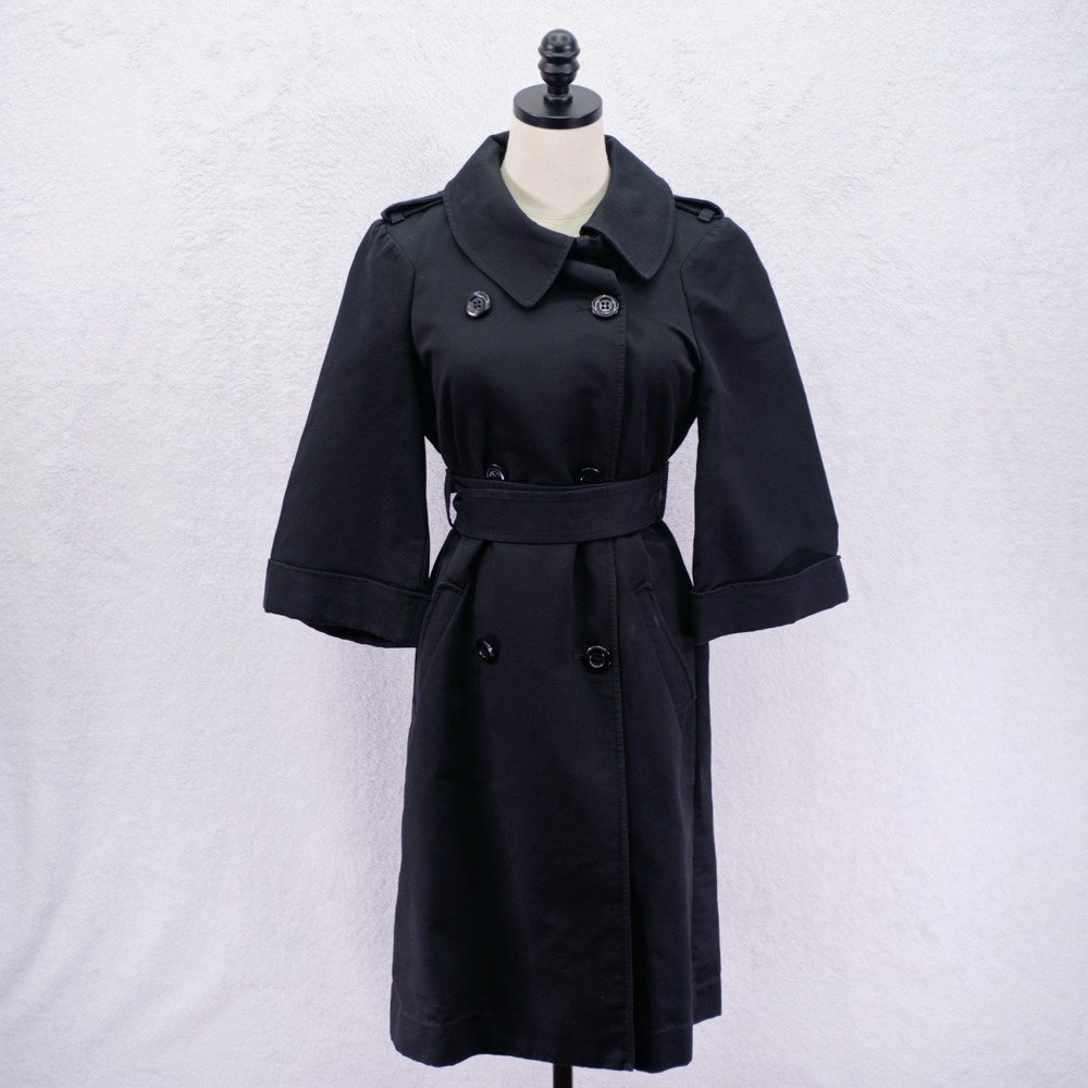 BCBGeneration Medium Black 2 Pockets Cotton Canvas Belted 6 Button Trench‎ Coat